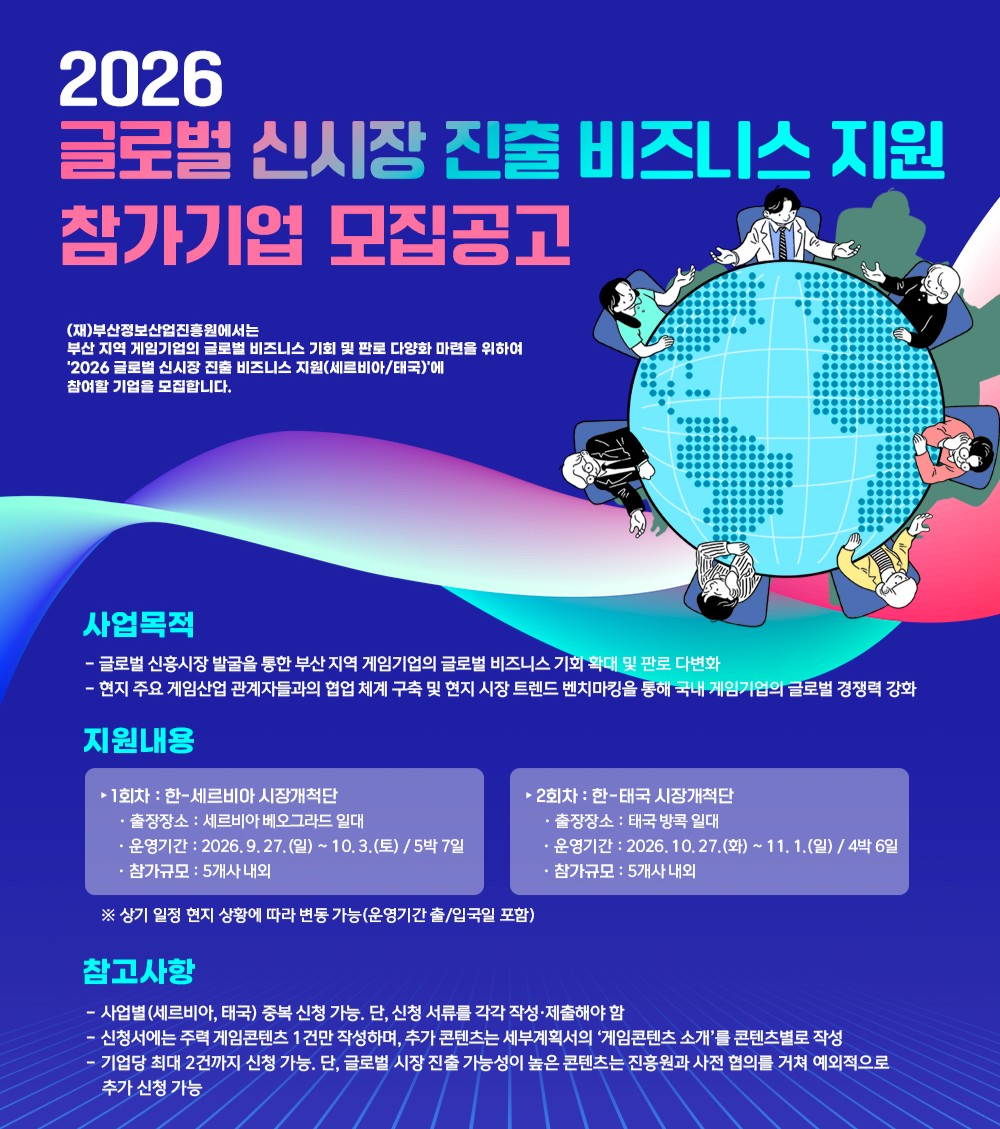 부산 게임기업, 세르비아·태국 신시장 개척 나선다 ‘2026 글로벌 신시장 진출 비즈니스 지원’ 참가기업 모집